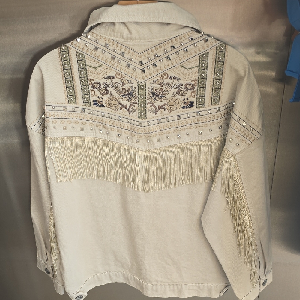 Embroidered Fringe Jacket - Cream